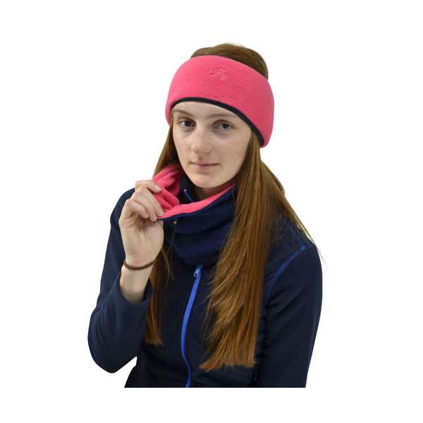 A two-colour fleece neck warmer with adjustable toggle.