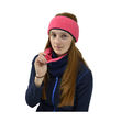 A two-colour fleece neck warmer with adjustable toggle.